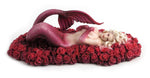 Kırmızı güller üzerinde uzanan, pembe pullu kuyruklu ve açık renk saçlı denizkızı biblosu, 23 × 12 × 7,5 cm
