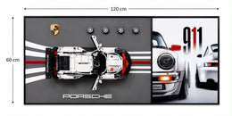 Porsche 911 Klasik Lego Technic Panoramik Tablo – Beyaz-Kırmızı Kolaj | 120x60 cm