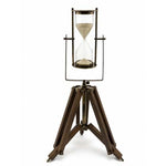 Ahşap tripod standlı bronz çerçeveli antika kum saati – vintage dekoratif koleksiyonluk obje