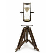 Ahşap tripod standlı bronz çerçeveli antika kum saati – vintage dekoratif koleksiyonluk obje