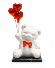 Teddy Bear Kalp Balonlu Dekoratif Heykel – Beyaz & Kırmızı