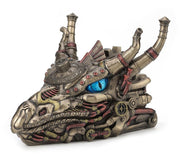 Steampunk Ejder Kafası Heykeli – Mağavi Gözlü Mekanik Dragon Başlığı