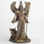 Bronz ve altın tonlarında, asa tutan kanatlı Anu figürü ve yanında boğa bulunan dekoratif heykel, 13 × 9 × 23 cm