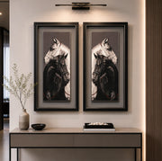 2 Parçalı Siyah Beyaz At Figürlü Duvar Tablosu 50 x 100 cm