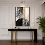 Siyah çerçeveli siyah beyaz gold detaylı 70x10 cm modern tablo, siyah gold konsol üzerinde hol dekorasyonu